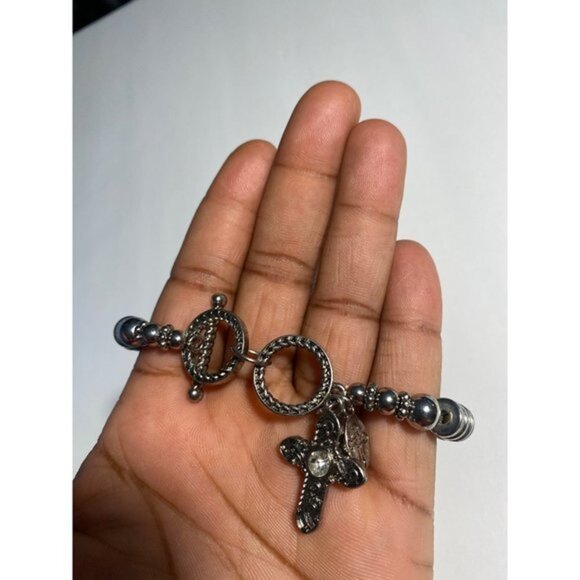 Cross Stretch Bracelet Sliver Tone Unisex - Picture 8 of 8